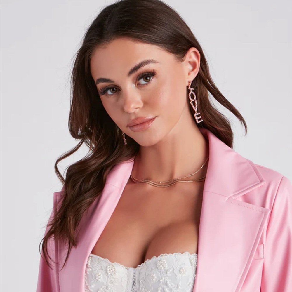 Sparkly Rhinestone Pink Love Word Drop Earrings